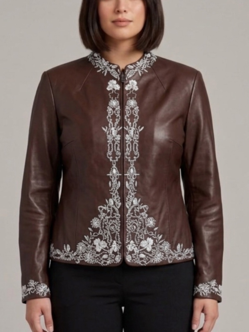 Guillaume Embroidered Genuine Leather Jacket Brown - EUC